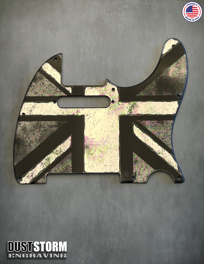 Engraved 8 Hole Pickguard for Fender Telecaster British Union Jack Flag Silver Acrylic Mirror American/Mexican Tele Guitar Scratch Plate Humbucker or Standard Cut Available