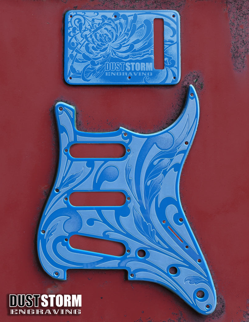 Custom Laser Engraved White Fender Strat Style Guitar Body with Glossy Sky-Blue Acrylic Pickguard and Tremolo Cover HSH, HSS, SSS Setups Available