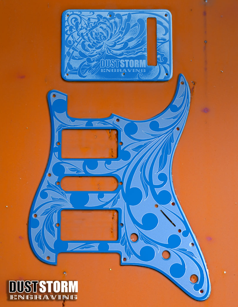 Engraved Pickguard & Free Tremolo Cover in Glossy Acrylic 10 Solid Color Choices Design #2 for Fender Stratocaster HSH, HSS, SSS Setups Available