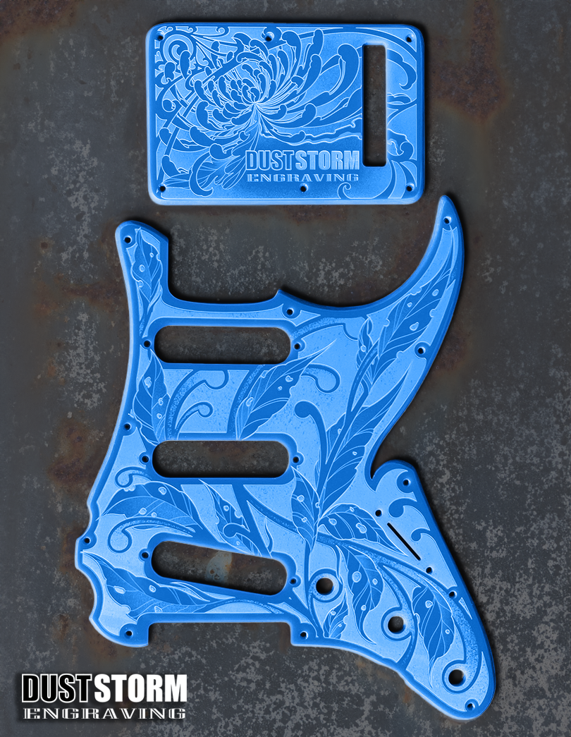 Engraved Pickguard & Free Tremolo Cover in Glossy Acrylic 10 Solid Color Choices Design #3 for Fender Stratocaster HSH, HSS, SSS Setups Available