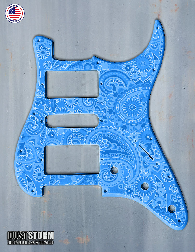 Engraved Paisley Pickguard and Tremolo Cover for Fender Stratocaster in Glossy Acrylic, 12 Solid Color Choices, HSH, HSS, SSS Setups Available