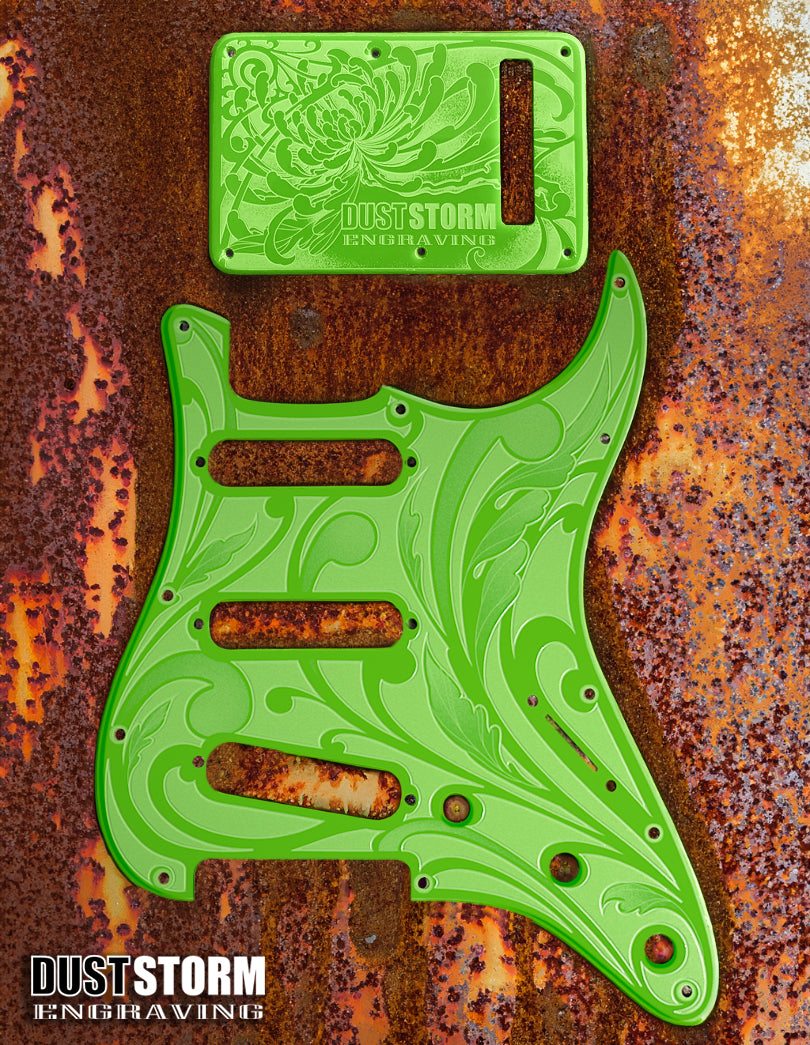 Engraved Pickguard & Free Tremolo Cover in Glossy Acrylic 10 Solid Color Choices Design #1 for Fender Stratocaster HSH, HSS, SSS Setups Available