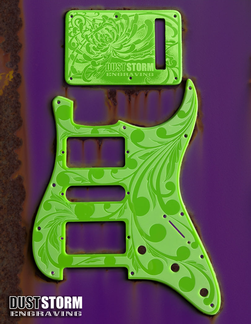 Black Sparkle XGP Stratocaster Style Laser Engraved Guitar Body with Solid Slimer Green Acrylic Pickguard and Tremolo Cover HSH, HSS, SSS Setups Available