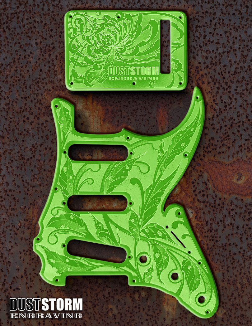 Custom Laser Engraved Pink Fender Strat Style Guitar Body with Glossy Slimer Green Acrylic Pickguard and Tremolo Cover HSH, HSS, SSS Setups Available