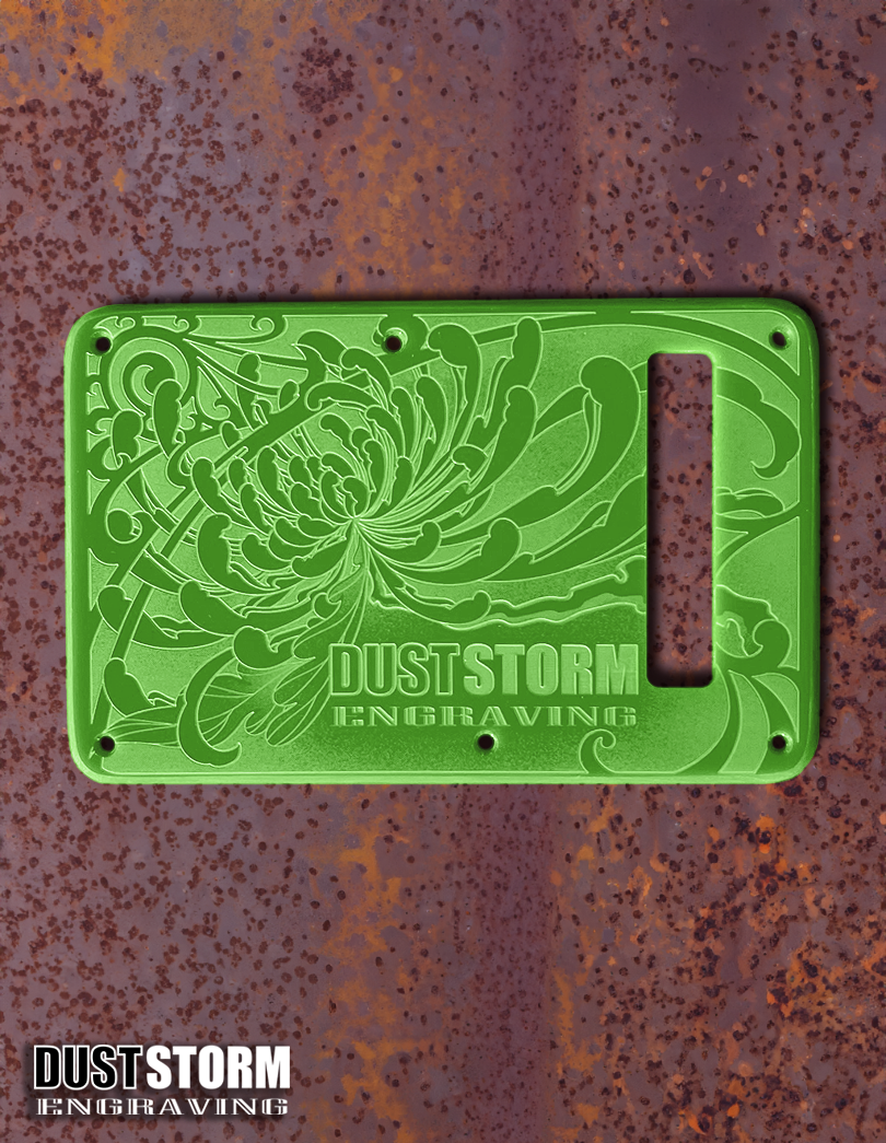 Black Sparkle XGP Stratocaster Style Laser Engraved Guitar Body with Solid Slimer Green Acrylic Pickguard and Tremolo Cover HSH, HSS, SSS Setups Available