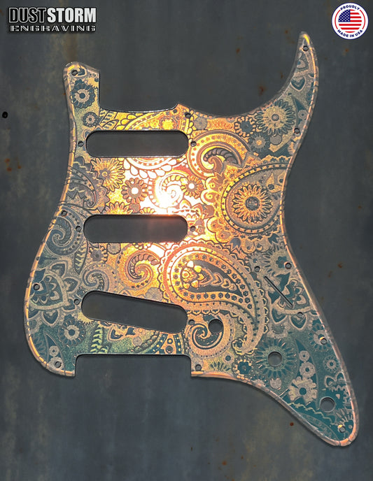 Paisley Pickguard & Free Tremolo Cover Engraved Iridescent Rainbow Acrylic Mirror for Fender Stratocaster SSS, HSS, HSH Setups Available