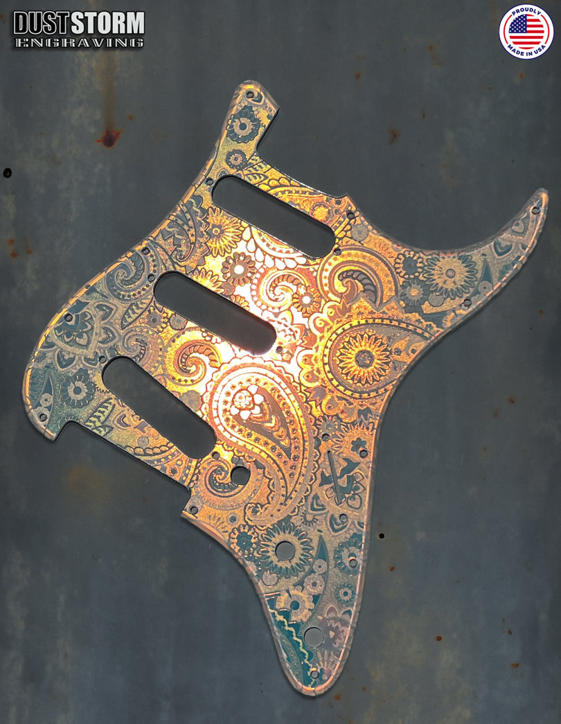 Paisley Pickguard & Free Tremolo Cover Engraved Iridescent Rainbow Acrylic Mirror for Fender Stratocaster SSS, HSS, HSH Setups Available