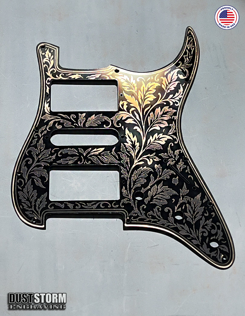 Engraved Leaf Pattern Pickguard and Tremolo Set in Copper Acrylic Mirror for Fender Stratocaster SSS, HSS, HSH Available