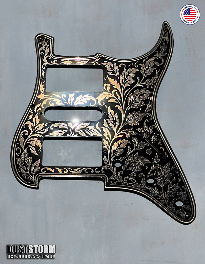 Engraved Leaf Pattern Pickguard and Tremolo Set in Copper Acrylic Mirror for Fender Stratocaster SSS, HSS, HSH Available