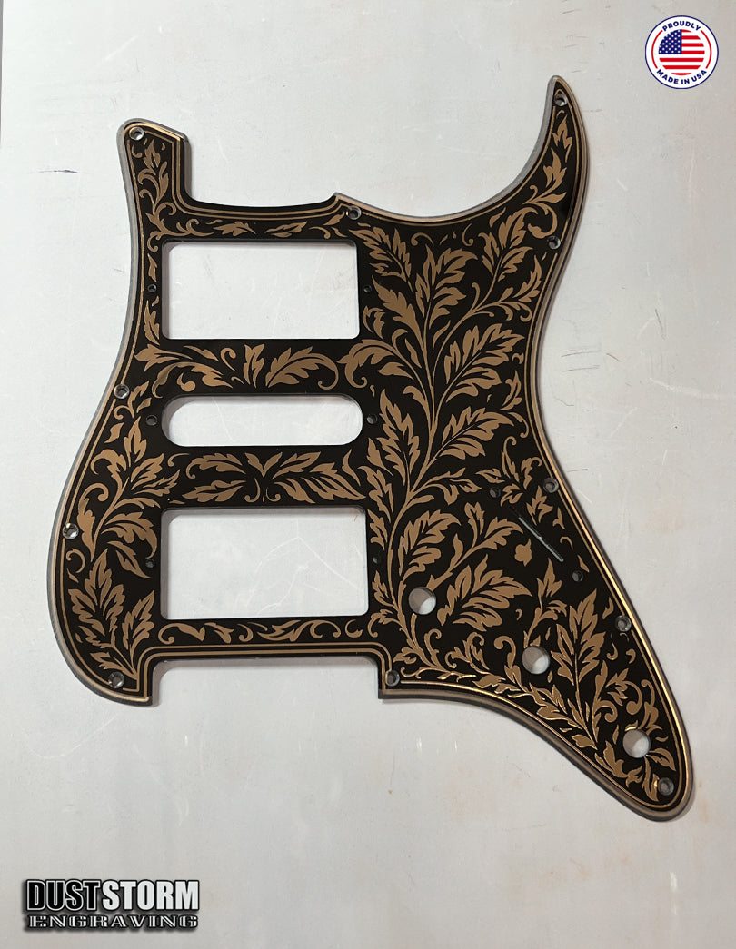 Engraved Leaf Pattern Pickguard and Tremolo Set in Copper Acrylic Mirror for Fender Stratocaster SSS, HSS, HSH Available