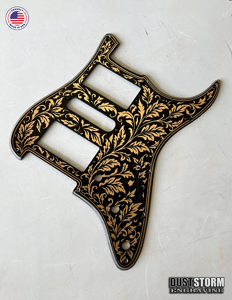 Engraved Leaf Pattern Pickguard and Tremolo Set in Copper Acrylic Mirror for Fender Stratocaster SSS, HSS, HSH Available