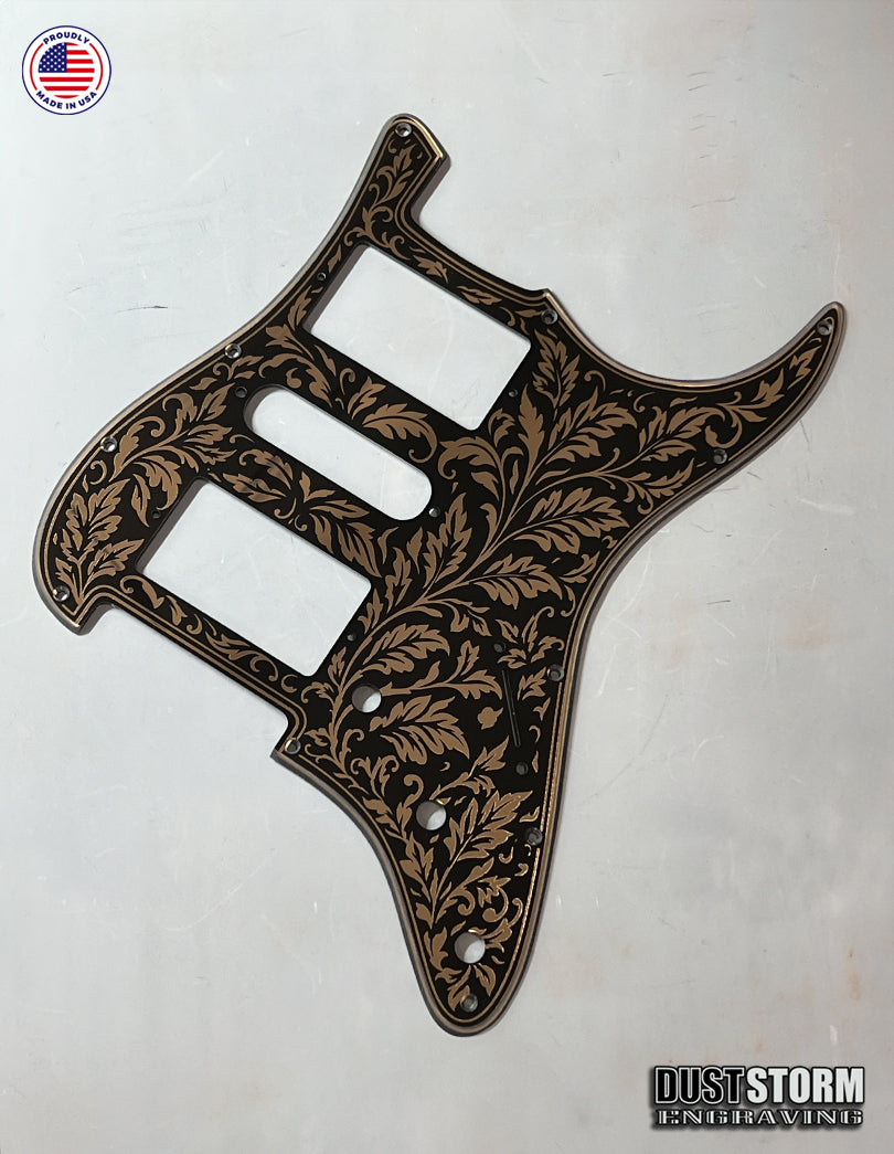 Engraved Leaf Pattern Pickguard and Tremolo Set in Copper Acrylic Mirror for Fender Stratocaster SSS, HSS, HSH Available