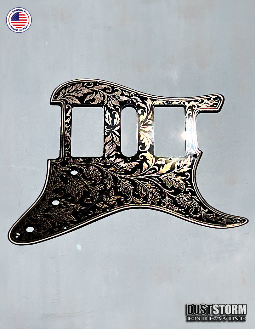 Engraved Leaf Pattern Pickguard and Tremolo Set in Copper Acrylic Mirror for Fender Stratocaster SSS, HSS, HSH Available