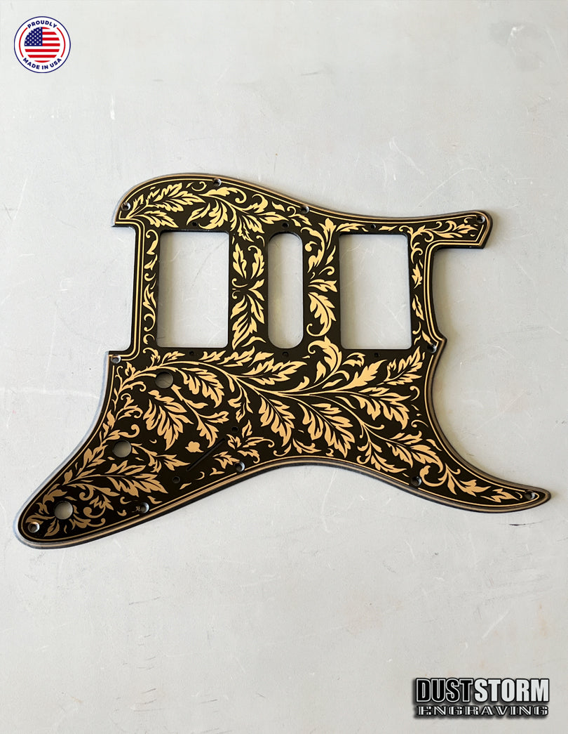 Engraved Leaf Pattern Pickguard and Tremolo Set in Copper Acrylic Mirror for Fender Stratocaster SSS, HSS, HSH Available