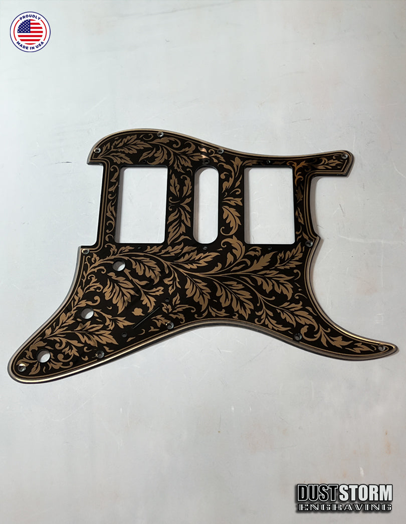 Engraved Leaf Pattern Pickguard and Tremolo Set in Copper Acrylic Mirror for Fender Stratocaster SSS, HSS, HSH Available