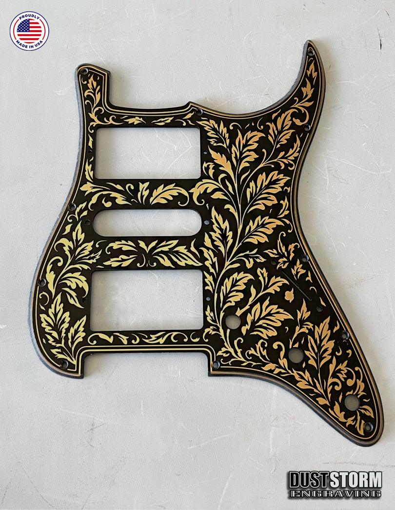 Engraved Leaf Pattern Pickguard and Tremolo Set in Copper Acrylic Mirror for Fender Stratocaster SSS, HSS, HSH Available