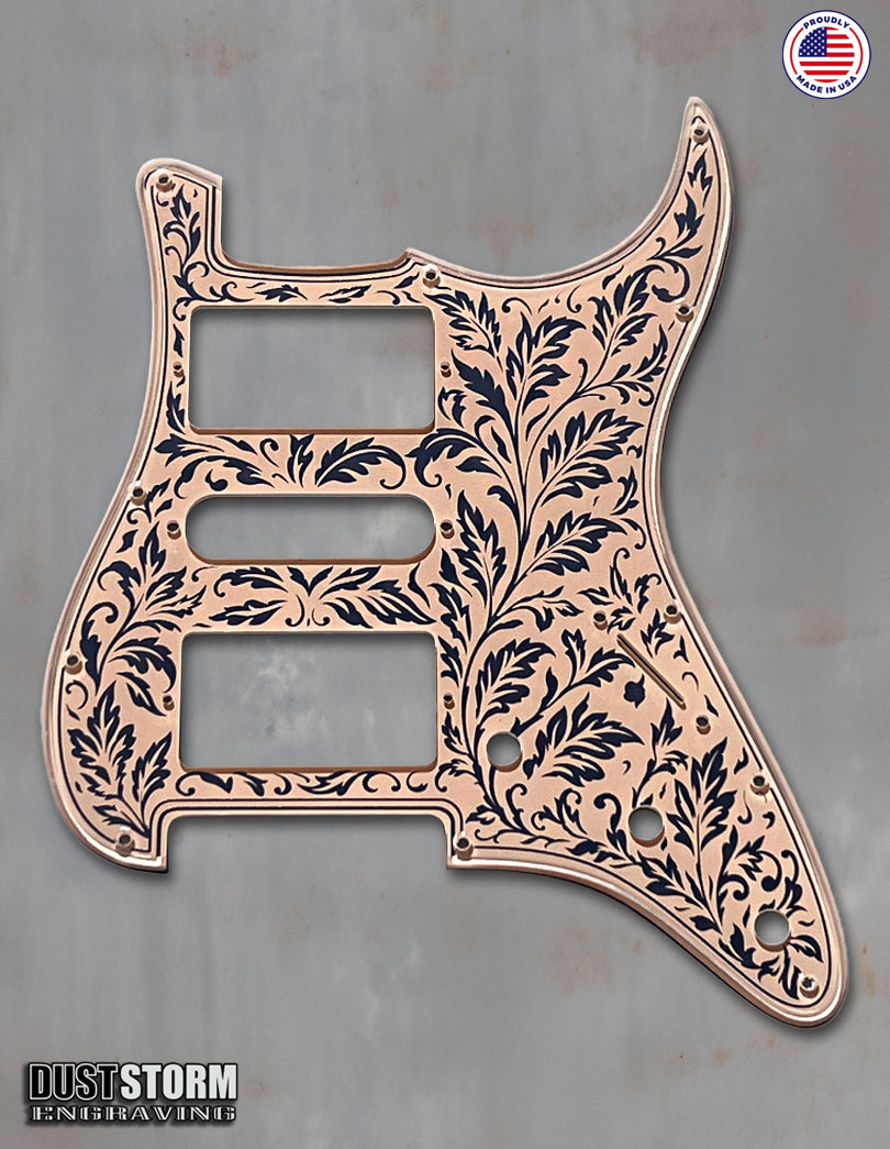 Engraved Leaf Pattern Pickguard and Tremolo Set in Rose Gold Peach Acrylic Mirror for Fender Stratocaster SSS, HSS, HSH Available