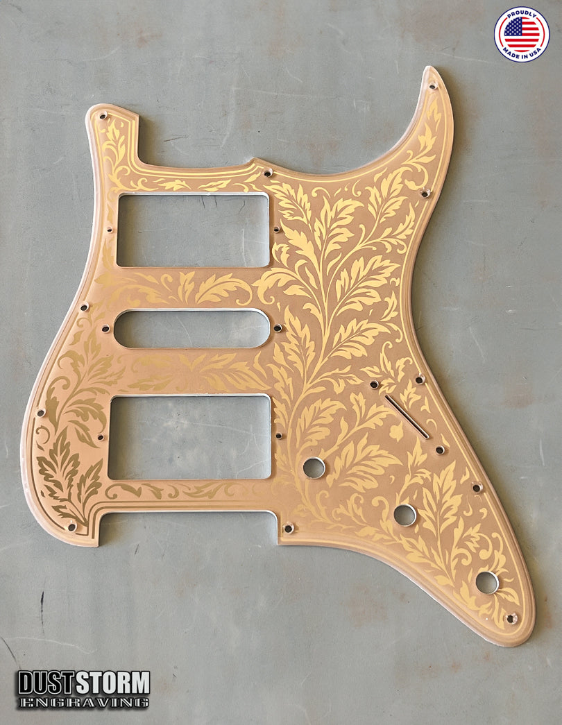 Engraved Leaf Pattern Pickguard and Tremolo Set in Rose Gold Peach Acrylic Mirror for Fender Stratocaster SSS, HSS, HSH Available