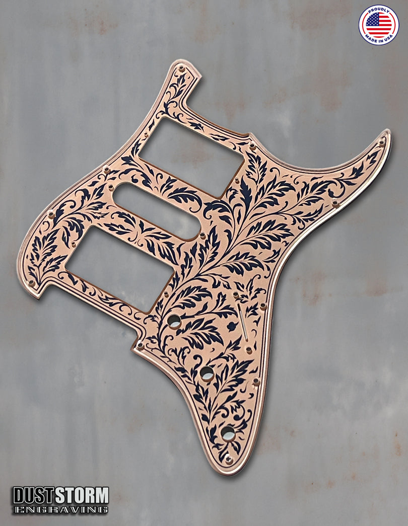 Engraved Leaf Pattern Pickguard and Tremolo Set in Rose Gold Peach Acrylic Mirror for Fender Stratocaster SSS, HSS, HSH Available