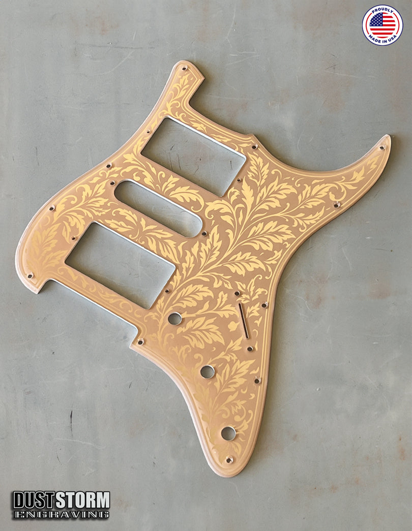 Engraved Leaf Pattern Pickguard and Tremolo Set in Rose Gold Peach Acrylic Mirror for Fender Stratocaster SSS, HSS, HSH Available