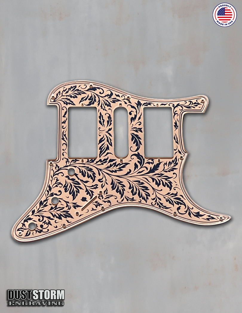 Engraved Leaf Pattern Pickguard and Tremolo Set in Rose Gold Peach Acrylic Mirror for Fender Stratocaster SSS, HSS, HSH Available