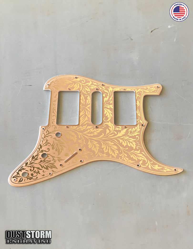 Engraved Leaf Pattern Pickguard and Tremolo Set in Rose Gold Peach Acrylic Mirror for Fender Stratocaster SSS, HSS, HSH Available