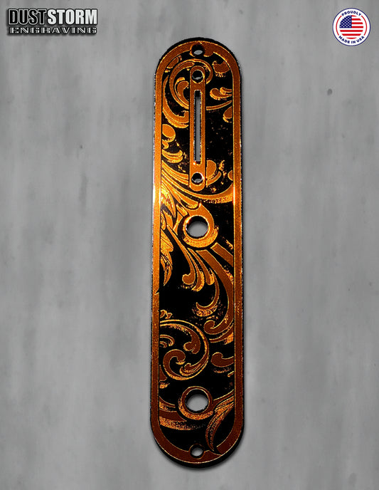 Engraved Toggle Control Plate for Telecaster Style Guitar in Burnt Orange Acrylic Mirror