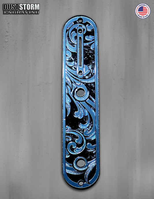 Engraved Toggle Control Plate for Telecaster Style Guitar in Blue Acrylic Mirror