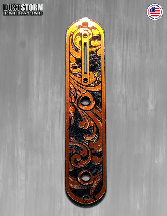 Engraved Toggle Control Plate for Telecaster Style Guitar in Iridescent Gold Acrylic Mirror
