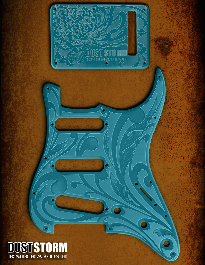 Engraved Pickguard & Free Tremolo Cover in Glossy Acrylic 10 Solid Color Choices Design #1 for Fender Stratocaster HSH, HSS, SSS Setups Available