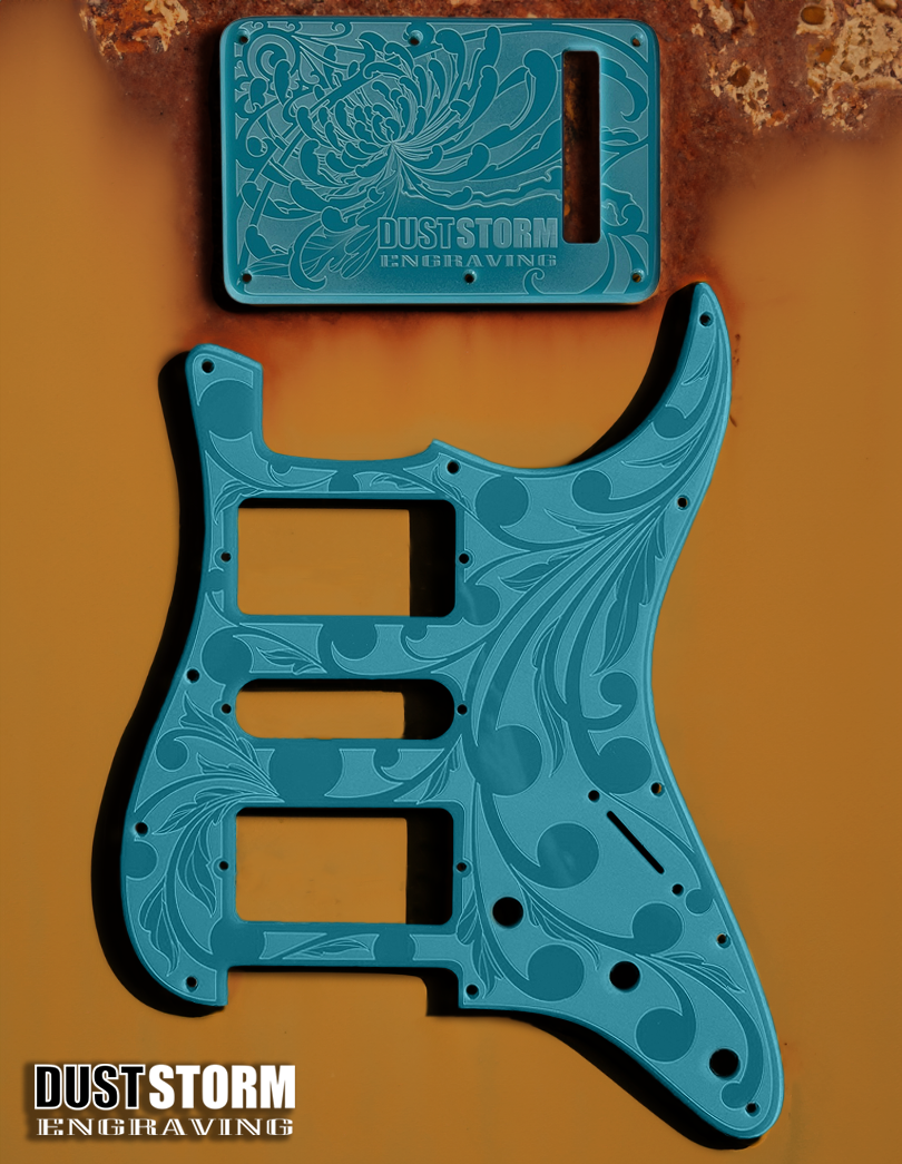 Engraved Pickguard & Free Tremolo Cover in Glossy Acrylic 10 Solid Color Choices Design #2 for Fender Stratocaster HSH, HSS, SSS Setups Available