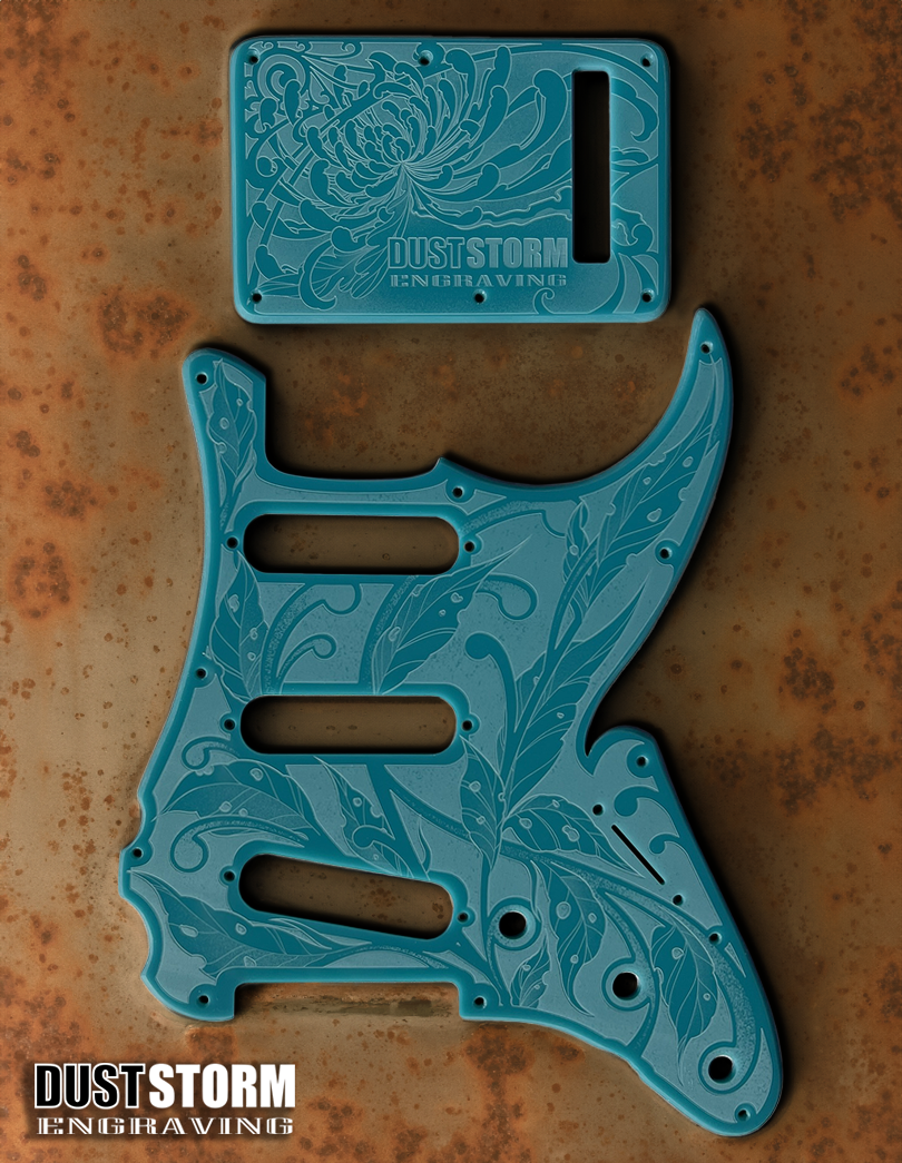 Custom Laser Engraved Pink Fender Strat Style Guitar Body with Glossy Teal Acrylic Pickguard and Tremolo Cover HSH, HSS, SSS Setups Available