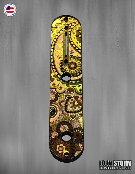 Laser‑Engraved Paisley Telecaster Toggle Control Plate – Golden Copper Acrylic Mirror Guitar Upgrade