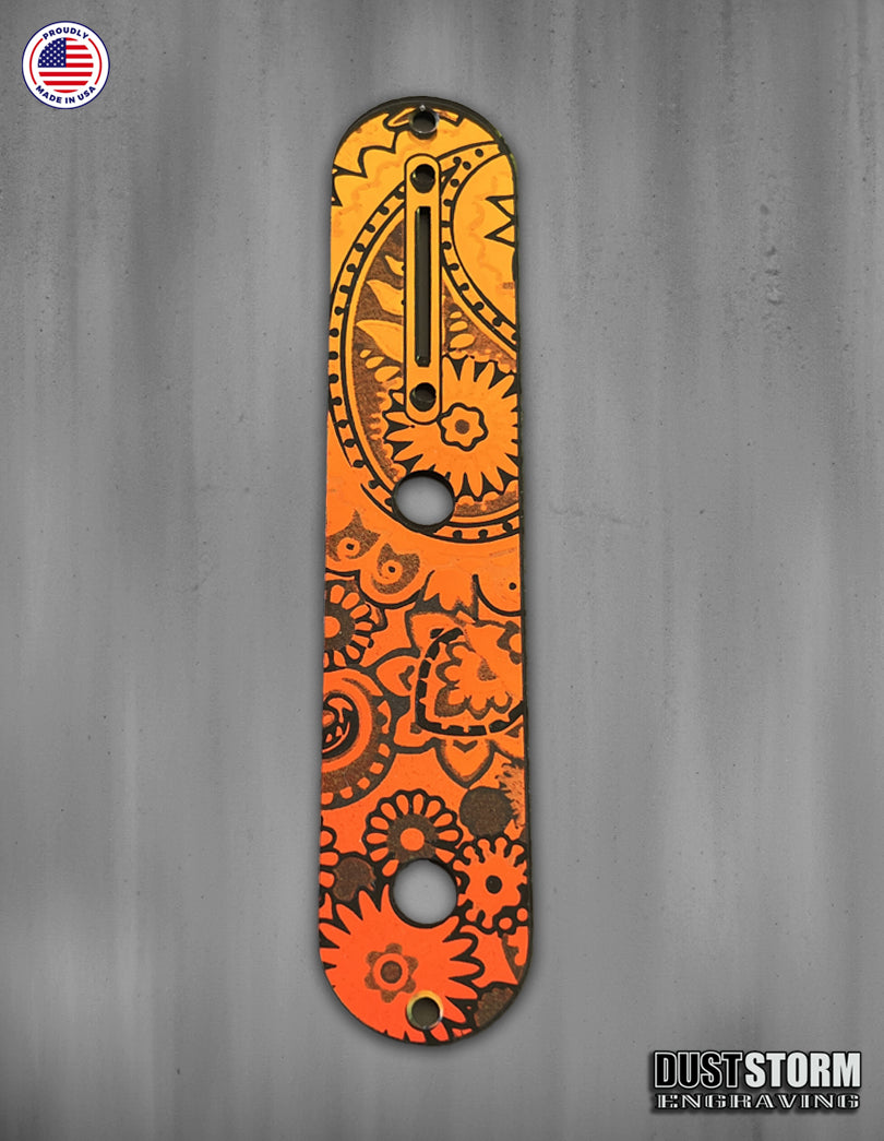 Laser‑Engraved Paisley Telecaster Toggle Control Plate – Golden Copper Acrylic Mirror Guitar Upgrade