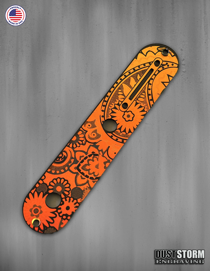 Laser‑Engraved Paisley Telecaster Toggle Control Plate – Golden Copper Acrylic Mirror Guitar Upgrade
