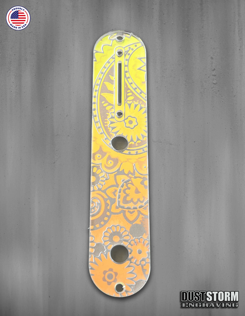 Laser‑Engraved Paisley Telecaster Toggle Control Plate – Iridescent Rainbow Acrylic Mirror Guitar Upgrade