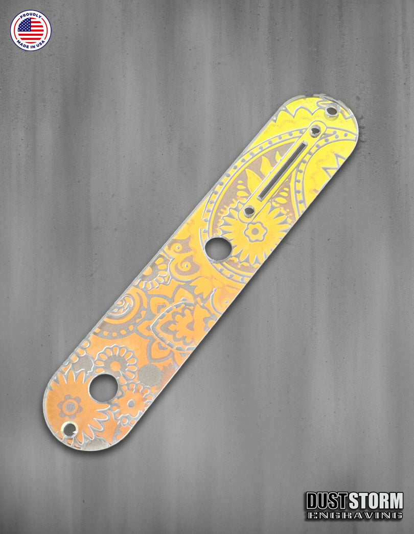 Laser‑Engraved Paisley Telecaster Toggle Control Plate – Iridescent Rainbow Acrylic Mirror Guitar Upgrade