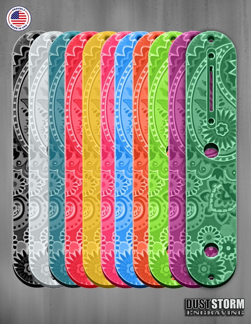 Laser‑Engraved Paisley Telecaster Toggle Control Plate – Glossy Acrylic Guitar Accessory in 12 Color Options