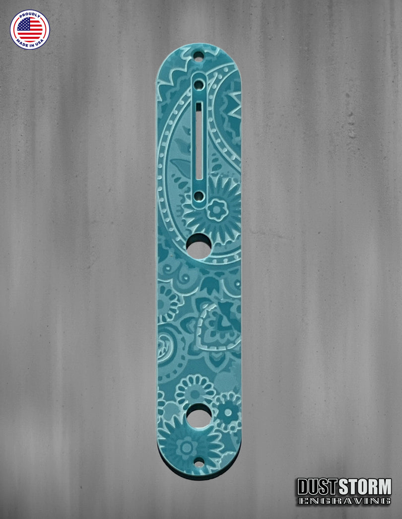 Laser‑Engraved Paisley Telecaster Toggle Control Plate – Glossy Acrylic Guitar Accessory in 12 Color Options