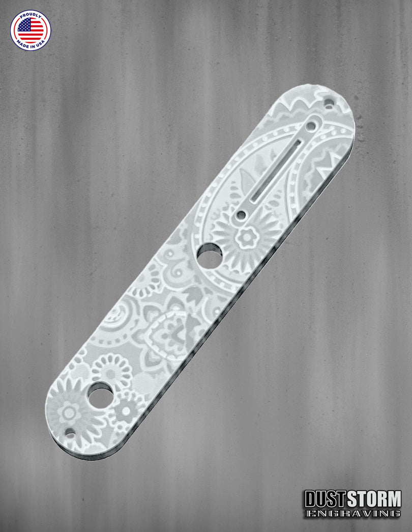 Laser‑Engraved Paisley Telecaster Toggle Control Plate – Glossy Acrylic Guitar Accessory in 12 Color Options