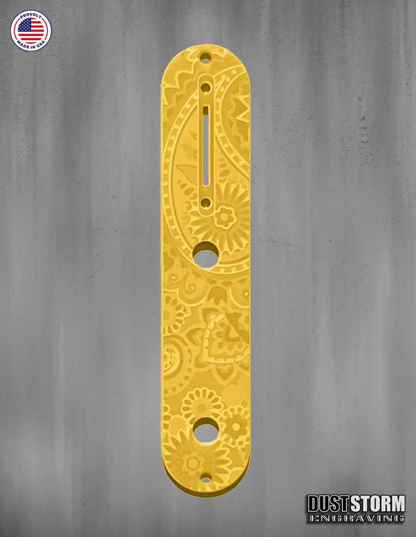 Laser‑Engraved Paisley Telecaster Toggle Control Plate – Glossy Acrylic Guitar Accessory in 12 Color Options