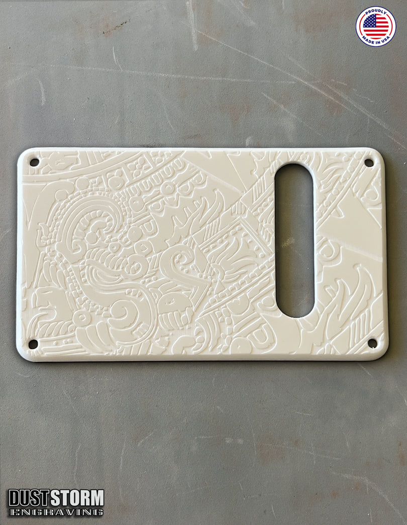 Mayan Calendar Pickguard Tremolo Cover Set - Engraved Solid White Acrylic - for PRS Silver Sky