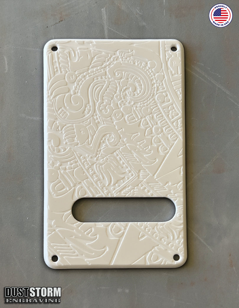 Mayan Calendar Pickguard Tremolo Cover Set - Engraved Solid White Acrylic - for PRS Silver Sky