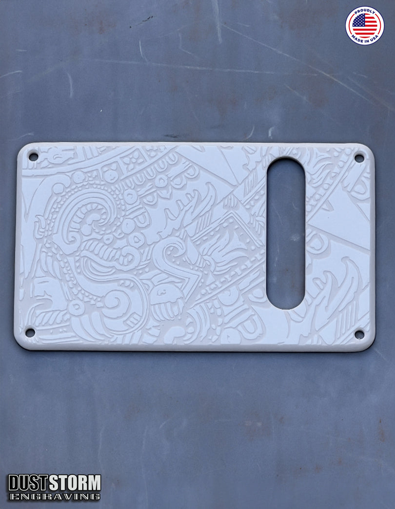 Mayan Calendar Pickguard Tremolo Cover Set - Engraved Solid White Acrylic - for PRS Silver Sky