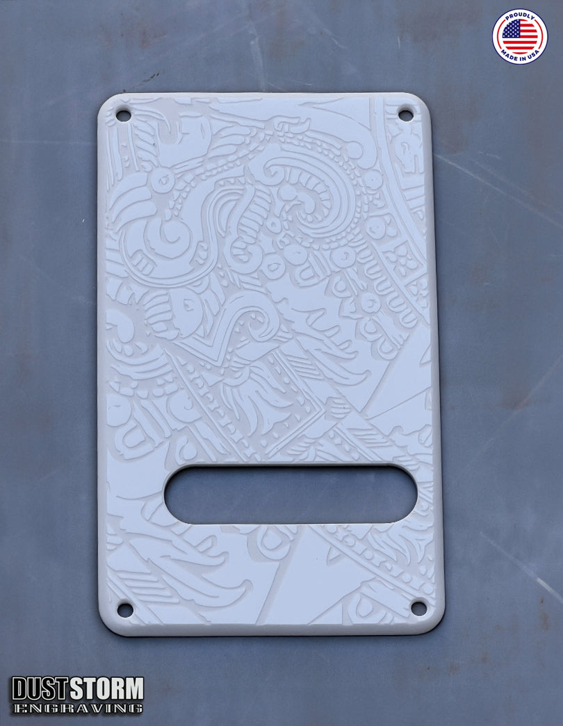 Mayan Calendar Pickguard Tremolo Cover Set - Engraved Solid White Acrylic - for PRS Silver Sky
