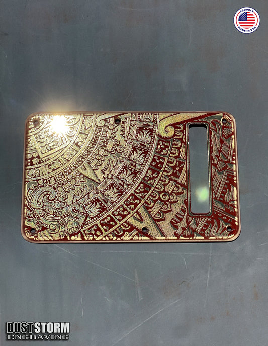Mayan Calendar Tremolo Cover for Fender Stratocaster Gold and Red Acrylic Mirror