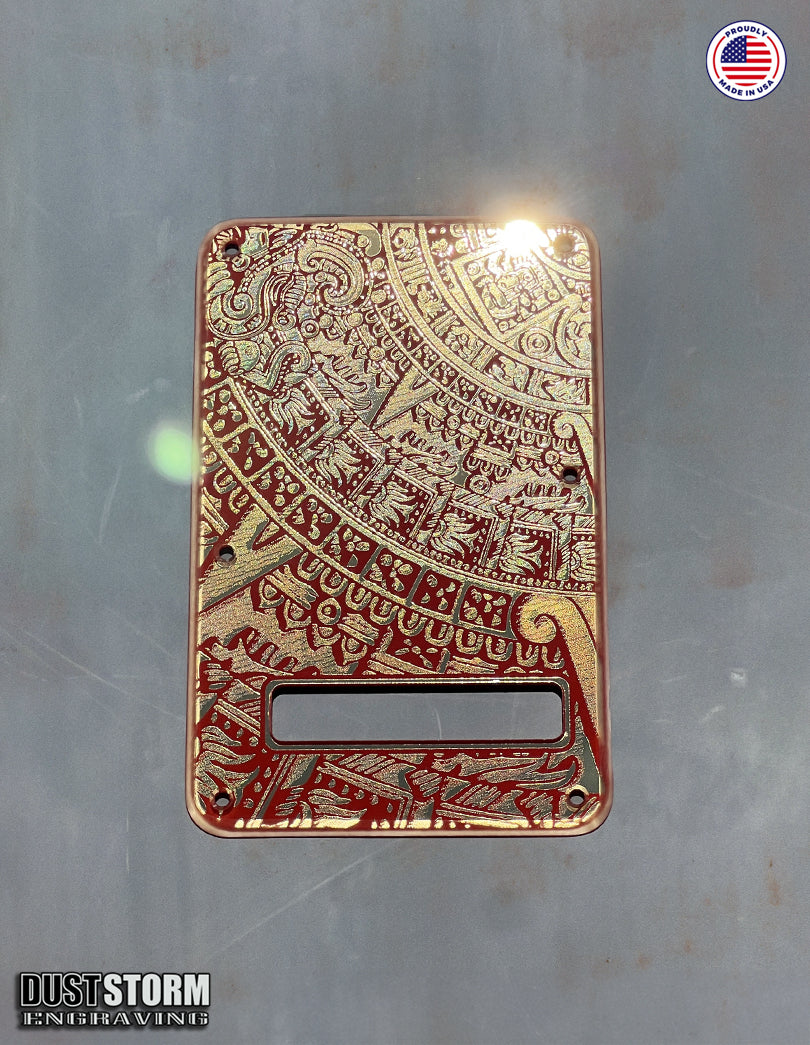 Mayan Calendar Tremolo Cover for Fender Stratocaster Gold and Red Acrylic Mirror