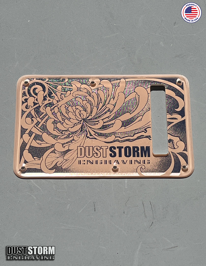 Engraved Leaf Pattern Pickguard and Tremolo Set in Rose Gold Peach Acrylic Mirror for Fender Stratocaster SSS, HSS, HSH Available
