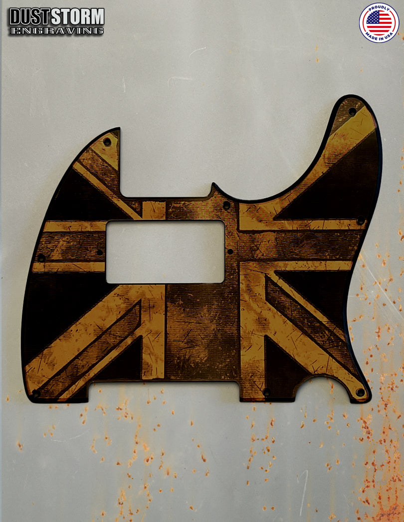 Engraved 8 Hole Pickguard for Fender Telecaster British Union Jack Flag Copper Acrylic Mirror American/Mexican Tele Guitar Scratch Plate Humbucker or Standard Cut Available