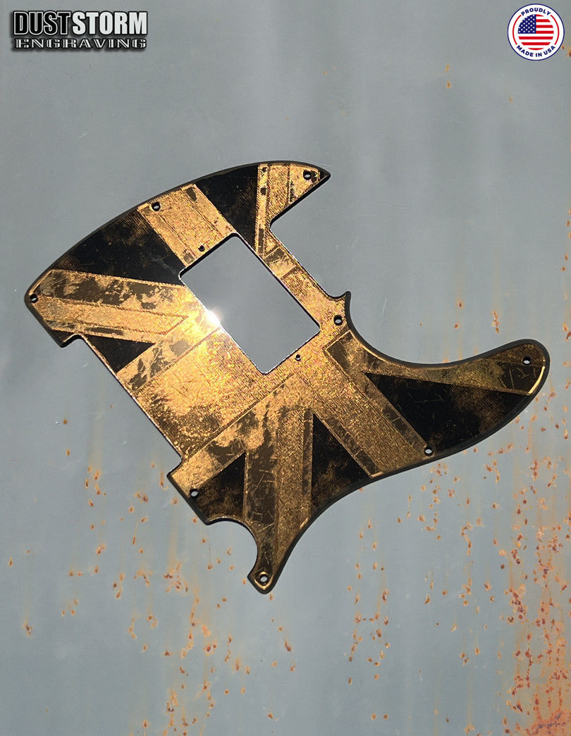 Engraved 8 Hole Pickguard for Fender Telecaster British Union Jack Flag Copper Acrylic Mirror American/Mexican Tele Guitar Scratch Plate Humbucker or Standard Cut Available